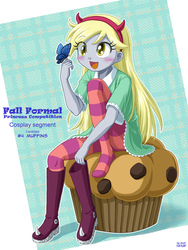 Size: 900x1200 | Tagged: safe, artist:uotapo, derpy hooves, butterfly, equestria girls, g4, blushing, boots, clothes, colored pupils, cosplay, costume, crossover, cute, derpabetes, disney, fall formal, fall formal princess competition, female, muffin, open mouth, pantyhose, sitting, socks, solo, star butterfly, star vs the forces of evil, striped socks, uotapo is trying to murder us, weapons-grade cute