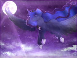 Size: 1024x768 | Tagged: safe, artist:rin0xic, princess luna, g4, crepuscular rays, ear fluff, female, flying, moon, moonlight, night, solo