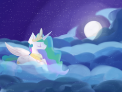 Size: 1024x768 | Tagged: safe, artist:laps-sp, princess celestia, g4, cloud, eyes closed, female, moon, night, prone, solo, stars