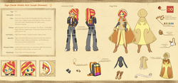 Size: 2150x1008 | Tagged: safe, artist:howxu, sunset shimmer, equestria girls, g4, backpack, cargo pants, clothes, female, glasses, jacket, leotard, reference sheet, robe, solo