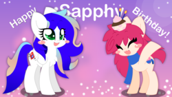 Size: 1600x900 | Tagged: safe, artist:sohmasatori, oc, oc only, oc:hungrysohma, oc:sapphire heart song, oc:sohma, birthday, blue hair, blushing, clothes, cupcake, food, gift art, gradient background, green eyes, multicolored hair, pink hair, scarf