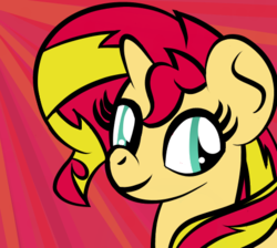 Size: 454x406 | Tagged: safe, artist:tommy-taco, sunset shimmer, pony, unicorn, g4, female, multicolored hair, red background, simple background, solo, teal eyes