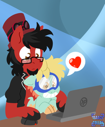 Size: 807x981 | Tagged: dead source, safe, artist:isaacs-collar, oc, oc only, oc:bb, oc:toonkriticy2k, dracony, hybrid, pegasus, pony, computer, computer mouse, goggles, heart eyes, laptop computer, red and black oc, wingding eyes, youtube