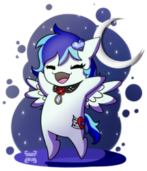 Size: 822x957 | Tagged: safe, artist:isaacs-collar, oc, oc only, oc:sapphire heart song, pegasus, pony, blue hair, bronalysis, chibi, chibi pony, commission, cute, cutie mark, moon, night, solo, stars