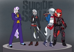 Size: 1754x1240 | Tagged: safe, artist:linedraweer, diamond tiara, silver spoon, twist, oc, oc:star clover, anthro, g4, anthro oc, belly button, clothes, commission, costume, dc comics, deadshot, halloween, harley quinn, katana, midriff, suicide squad, sword, the joker, weapon
