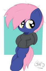 Size: 2120x3226 | Tagged: safe, artist:bronybehindthedoor, oc, oc only, pony, bipedal, clothes, high res, hoodie, shy, signature, solo