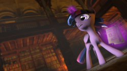 Size: 1920x1080 | Tagged: safe, artist:wiizzie, twilight sparkle, alicorn, pony, g4, 3d, book, female, library, magic, page, shadow, solo, source filmmaker, twilight sparkle (alicorn)