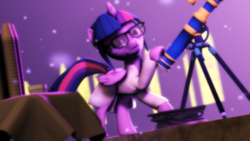 Size: 3840x2160 | Tagged: safe, artist:radiativespinger, twilight sparkle, alicorn, pony, g4, 3d, clothes, female, glasses, high res, lab coat, lidded eyes, nerd, scientist, solo, source filmmaker, standing, telescope, tower, twilight sparkle (alicorn)