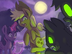 Size: 900x675 | Tagged: safe, artist:grissaecrim, applejack, twilight sparkle, alicorn, pony, zombie, g4, glowing eyes, magic, moon, necromancy, now you fucked up, scared, scroll, telekinesis, this will end in tears and/or death, twilight sparkle (alicorn)