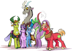 Size: 4876x3438 | Tagged: safe, artist:vindhov, big macintosh, discord, spike, starlight glimmer, thorax, trixie, changedling, changeling, draconequus, dragon, earth pony, pony, unicorn, g4, to where and back again, absurd resolution, blaze (coat marking), changeling king, cloven hooves, coat markings, facial markings, female, king thorax, male, mare, older, older spike, reformed four, stallion