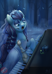 Size: 2893x4092 | Tagged: safe, artist:divlight, coloratura, pony, g4, bone, clothes, corpse bride, crossover, dress, female, musical instrument, open mouth, parody, piano, scenery, singing, solo, tim burton, wedding dress
