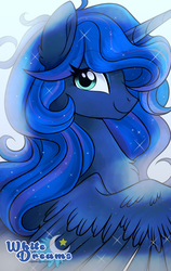 Size: 1893x3000 | Tagged: safe, artist:xwhitedreamsx, princess luna, alicorn, pony, g4, chest fluff, female, gradient background, looking at you, mare, missing accessory, smiling, solo