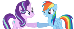 Size: 3500x1400 | Tagged: safe, artist:m.w., rainbow dash, starlight glimmer, pegasus, pony, unicorn, a hearth's warming tail, g4, top bolt, cute, female, hoofbump, mare, not shipping, simple background, transparent background, vector