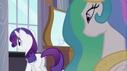 Size: 1100x618 | Tagged: safe, screencap, princess celestia, rarity, pony, g4, sweet and elite, butt, eyes on the prize, female, looking at butt, mare, plot