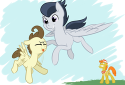 Size: 1399x950 | Tagged: safe, artist:lilliesinthegarden, carrot cake, pound cake, rumble, earth pony, pegasus, pony, g4, commission, cute, father, father and son, flying, flying lesson, male, nervous, older, son, stallion, tongue out, trio, worried