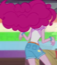 Size: 638x720 | Tagged: safe, screencap, pinkie pie, equestria girls, g4, my little pony equestria girls: legend of everfree, cropped, female, rainbow trail, rear view, solo