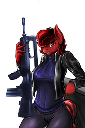 Size: 1000x1500 | Tagged: safe, artist:d-lowell, oc, oc only, oc:scarlet, oc:scarvet velvet, earth pony, anthro, assault rifle, famas, female, gun, pose, red eyes, red hair, rifle, solo, weapon