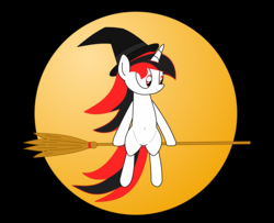 Size: 5422x4400 | Tagged: safe, artist:caffeline turbo, oc, oc only, oc:caffeline turbo, pony, unicorn, absurd resolution, belly button, broom, flying, flying broomstick, full moon, halloween, hat, moon, night, sitting, smiling, solo, witch hat