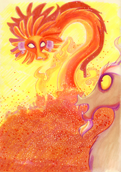 Size: 991x1410 | Tagged: safe, artist:praysforaprankster, discord, quetzalcoatl, g4, aztec, copic, fanfic, fanfic art, feathered serpent, fire, not the hero