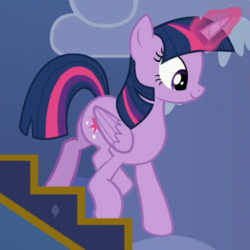 Size: 671x671 | Tagged: safe, screencap, twilight sparkle, alicorn, pony, g4, to where and back again, animation error, cropped, female, glowing horn, horn, magic, mare, qwop, solo, stairs, twilight sparkle (alicorn)