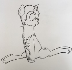 Size: 3021x2939 | Tagged: safe, artist:triplesevens, oc, oc only, oc:lucid dream, pony, unicorn, clothes, costume, halloween costume, high res, looking down, male, sitting, solo, stallion, traditional art