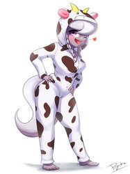 Size: 2000x2667 | Tagged: safe, artist:burgerkiss, silver spoon, cow, anthro, plantigrade anthro, barefoot, clothes, costume, cute, feet, female, heart, kigurumi, looking at you, one eye closed, open mouth, silver moo, smiling, solo, wink