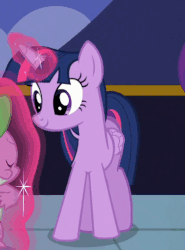 Size: 373x505 | Tagged: safe, screencap, spike, starlight glimmer, twilight sparkle, alicorn, pony, g4, to where and back again, animated, blinking, cute, gif, glowing horn, horn, levitation, lidded eyes, magic, telekinesis, twiabetes, twilight sparkle (alicorn)