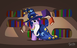 Size: 2560x1600 | Tagged: safe, artist:mysticalpha, twilight sparkle, g4, beard, book, clothes, costume, facial hair, female, solo, star swirl the bearded costume, that pony sure does love books, wallpaper