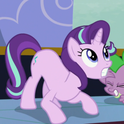 Size: 799x799 | Tagged: safe, screencap, spike, starlight glimmer, pony, unicorn, g4, season 6, to where and back again, anatomically incorrect, cropped, crouching, eyes closed, female, great moments in animation, mare, solo focus