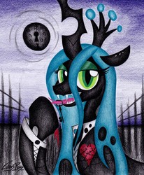 Size: 1843x2242 | Tagged: safe, artist:thechrispony, queen chrysalis, changeling, changeling queen, g4, clothes, cover art, crown, fangs, female, heart, jewelry, key, looking at you, moon, piercing, regalia, solo, traditional art