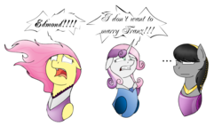 Size: 1150x654 | Tagged: safe, artist:stuflox, fluttershy, octavia melody, sweetie belle, the count of monte rainbow, g4, ..., :|, clothes, dress, floppy ears, frown, glare, haydée, open mouth, sad, shycedes, the count of monte cristo, unamused, valentine de villefort, wide eyes, yelling