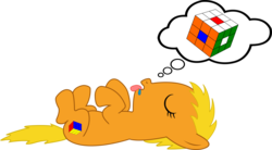 Size: 2000x1107 | Tagged: safe, oc, oc only, oc:cubi, cute, dream, drool, eyes closed, female, filly, lying, lying down, on back, rubik's cube, simple background, sleeping, solo, tongue out, transparent background