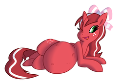 Size: 3000x2059 | Tagged: safe, artist:purplekecleon, oc, oc only, oc:red ribbon, pony, unicorn, belly, big belly, bow, fat, freckles, hair bow, high res, lying down, on side, simple background, solo, white background