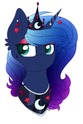 Size: 974x1449 | Tagged: safe, artist:cloud-drawings, princess luna, g4, alternate hair color, bust, colored pupils, ear piercing, earring, female, gradient mane, horn, horn jewelry, jewelry, piercing, portrait, simple background, solo, transparent background