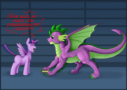 Size: 2630x1860 | Tagged: safe, artist:exelzior, spike, twilight sparkle, alicorn, pony, g4, angry, book, chest fluff, colored claws, crying, duo, eyes closed, female, male, mare, missing cutie mark, nudity, older, older spike, quadrupedal spike, ruffled feathers, screaming, sheath, smiling, speech bubble, text, twilight sparkle (alicorn), winged spike, wings