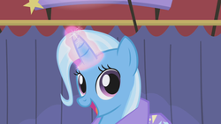 Size: 1280x720 | Tagged: safe, screencap, trixie, pony, unicorn, boast busters, g4, cute, diatrixes, female, happy, horn, magic, mare, open mouth, smiling, solo