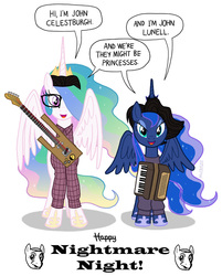 Size: 1031x1280 | Tagged: safe, artist:kturtle, princess celestia, princess luna, g4, accordion, clothes, costume, glasses, guitar, hair over one eye, musical instrument, ponified, they might be giants