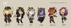 Size: 1600x645 | Tagged: safe, artist:lya, oc, oc only, oc:downpour, oc:muzzle, oc:sam, oc:senki, oc:sunsail, cyborg, earth pony, goat, pegasus, unicorn, anthro, amputee, anthro oc, armor, black hair, blonde, blouse, blushing, boots, braid, brown hair, bunny slippers, chibi, chubby, clothes, coat, digital art, eyepatch, female, happy, hat, horn, jewelry, kezsüel, lace, long hair, mare, meh, necklace, pants, pink hair, pirate, pirate hat, prosthetic arm, prosthetic limb, prosthetics, scar, shirt, shorts, slippers, smiling, tongue out, wings