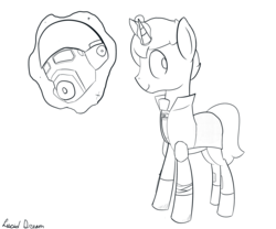 Size: 3000x2500 | Tagged: safe, artist:triplesevens, oc, oc only, oc:lucid dream, pony, unicorn, clothes, costume, fallout, helmet, high res, looking at you, magic, monochrome, ncr veteran ranger, simple background, smiling, solo