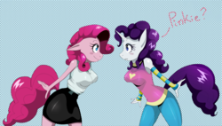Size: 1529x870 | Tagged: safe, artist:traupa, pinkie pie, rarity, anthro, accessory swap, alternate hairstyle, blushing, breasts, busty pinkie pie, busty rarity, clothes, clothes swap, dialogue, duo, female, mane swap, personality swap, rarity hair, role reversal, sudden style change
