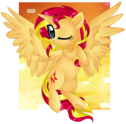 Size: 1600x1580 | Tagged: safe, artist:sugguk, sunset shimmer, alicorn, pony, equestria girls, g4, alicornified, female, one eye closed, race swap, shimmercorn, solo, wink