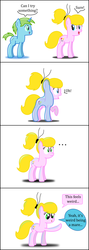 Size: 2183x6100 | Tagged: safe, artist:bladedragoon7575, oc, oc only, oc:balance blade, oc:lola balloon, pony, body control, bubble, bubble pony, comic, cute, dialogue, encasement, possession, speech bubble