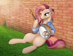 Size: 948x728 | Tagged: safe, artist:dedonnerwolke, oc, oc only, earth pony, pony, banjo, cigarette, ear piercing, earring, earth pony oc, jewelry, musical instrument, outdoors, piercing, sitting, smoking, solo, tattoo