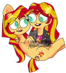 Size: 1024x1136 | Tagged: safe, artist:oreomonsterr, sunset shimmer, human, pony, unicorn, equestria girls, g4, duo, human ponidox, meme, self ponidox, special eyes, watermark