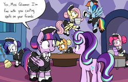 Size: 3000x1920 | Tagged: safe, artist:skitter, applejack, fluttershy, pinkie pie, rainbow dash, rarity, starlight glimmer, twilight sparkle, alicorn, pony, every little thing she does, g4, alternate ending, bad end, clothes, dress, fiducia compellia, fluttermaid, maid, maidity, maidjack, maidlight sparkle, mane six, mind control, pinkie maid, puffy sleeves, rainbow dash always dresses in style, rainbow maid, socks, this will end in communism, twilight sparkle (alicorn)