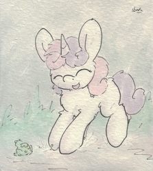 Size: 688x771 | Tagged: safe, artist:slightlyshade, sweetie belle, frog, g4, cute, diasweetes, female, rain, smiling, solo, traditional art