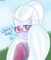 Size: 1200x1400 | Tagged: safe, artist:rmariansj, sugarcoat, equestria girls, g4, backpack, clothes, dialogue, fanfic art, female, glasses, looking at you, solo, text