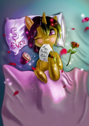Size: 1024x1448 | Tagged: safe, artist:crimshak, oc, oc only, oc:amber, pony, unicorn, bed, cupcake, flower, food, happy birthday, on back, pillow, rose, solo