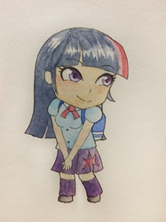 Size: 772x1031 | Tagged: safe, artist:jay156, twilight sparkle, equestria girls, g4, backpack, clothes, cute, female, hands together, human coloration, mini, pleated skirt, skirt, smiling, solo, traditional art, twiabetes, twilight sparkle (alicorn)