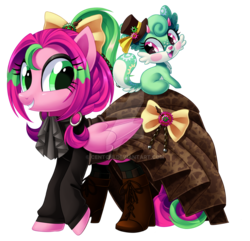 Size: 1024x988 | Tagged: safe, artist:centchi, oc, oc only, oc:gadget, oc:precious metal, pony, boots, bow, clothes, dress, duo, eyeshadow, hat, makeup, simple background, transparent background, watermark